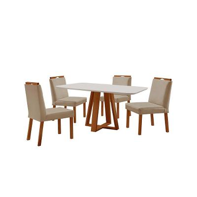Conjunto de Jantar Floripa 4 Lugares Tampo de Vidro com Cadeiras em Veludo Off White