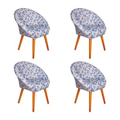 Kit 4 Poltronas Decorativa Canastra Estofada Veludo Floral Azul Pés Em Madeira Maciça