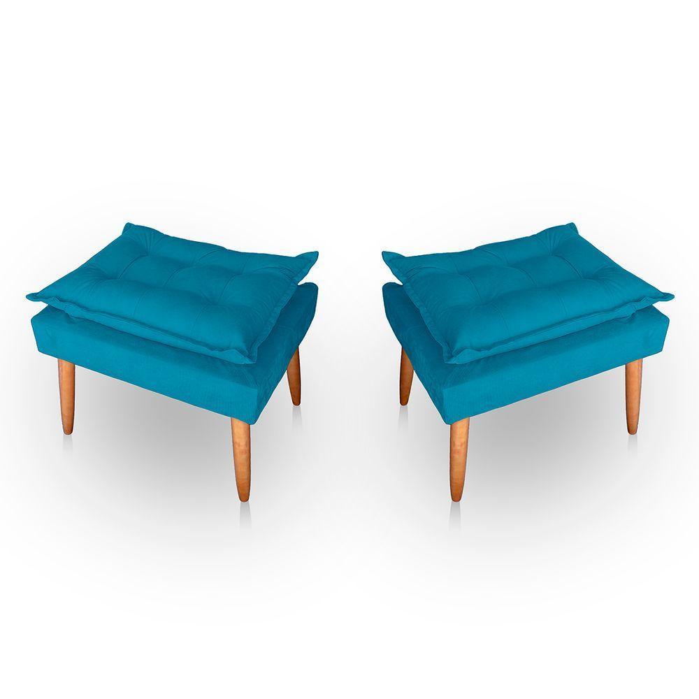 Kit 02 Puff Para Sala E Quarto Madeira Decorativo Opala Suede Azul Turqueza - 1