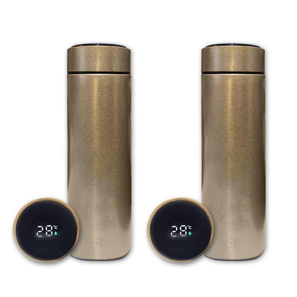 Kit 2 Garrafa Térmica Aço Inox Termômetro Digital Led 500ml Dourado - 1
