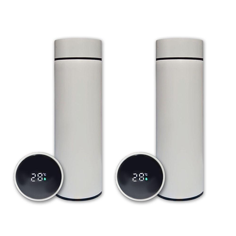 Kit 2 Garrafa Térmica Aço Inox Termômetro Digital Led 500ml Branco - 1