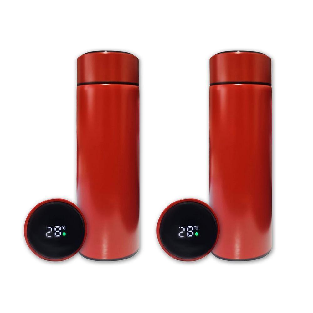 Kit 2 Garrafa Térmica Aço Inox Termômetro Digital Led 500ml Vermelho - 1