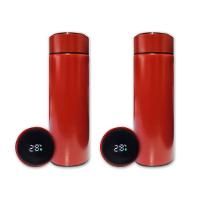 Kit 2 Garrafa Térmica Aço Inox Termômetro Digital Led 500ml Vermelho - 1