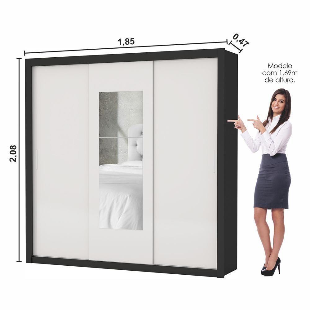 Guarda Roupa Roupeiro Clarice 3 Portas De Correr Com Espelho Central 4 Gavetas Carioca Preto Off White - 3