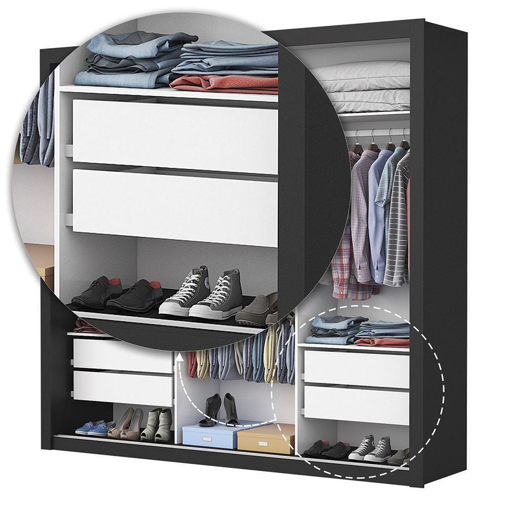 Guarda Roupa Roupeiro Clarice 3 Portas De Correr Com Espelho Central 4 Gavetas Carioca Preto Off White - 7