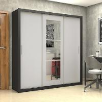Guarda Roupa Roupeiro Clarice 3 Portas De Correr Com Espelho Central 4 Gavetas Carioca Preto Off White - 2