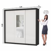 Guarda Roupa Roupeiro Clarice 3 Portas De Correr Com Espelho Central 4 Gavetas Carioca Preto Off White - 3