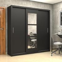 Guarda Roupa Roupeiro Clarice 3 Portas De Correr Com Espelho Central 4 Gavetas Carioca Preto - 2