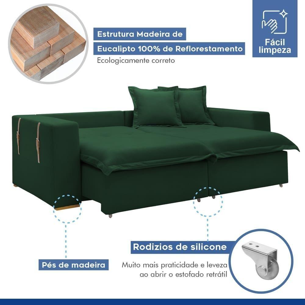 Sofá Cama Retrátil E Reclinável Arizona Veludo Verde 2,20m - 7