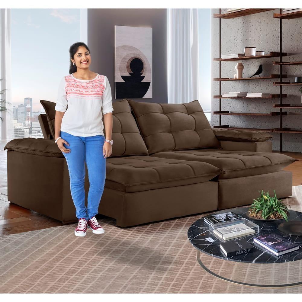 Sofá Retrátil E Reclinável Espanha Veludo Marrom 2,50m - 10