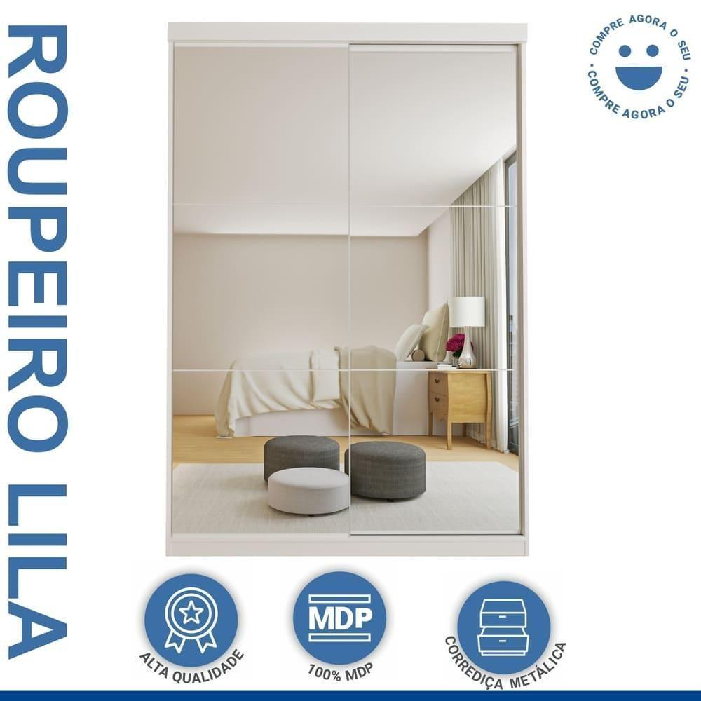 Guarda Roupa 2 Portas De Correr Com Espelho 2 Gavetas Lila Minastex Branco - 4