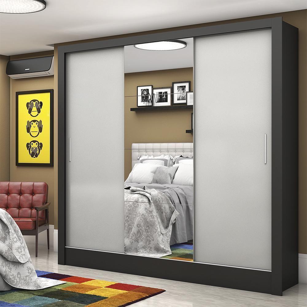 Guarda Roupa Roupeiro Santiago Plus 3 Portas De Correr Com Espelho Central 3 Gavetas Carioca Preto Off White - 2