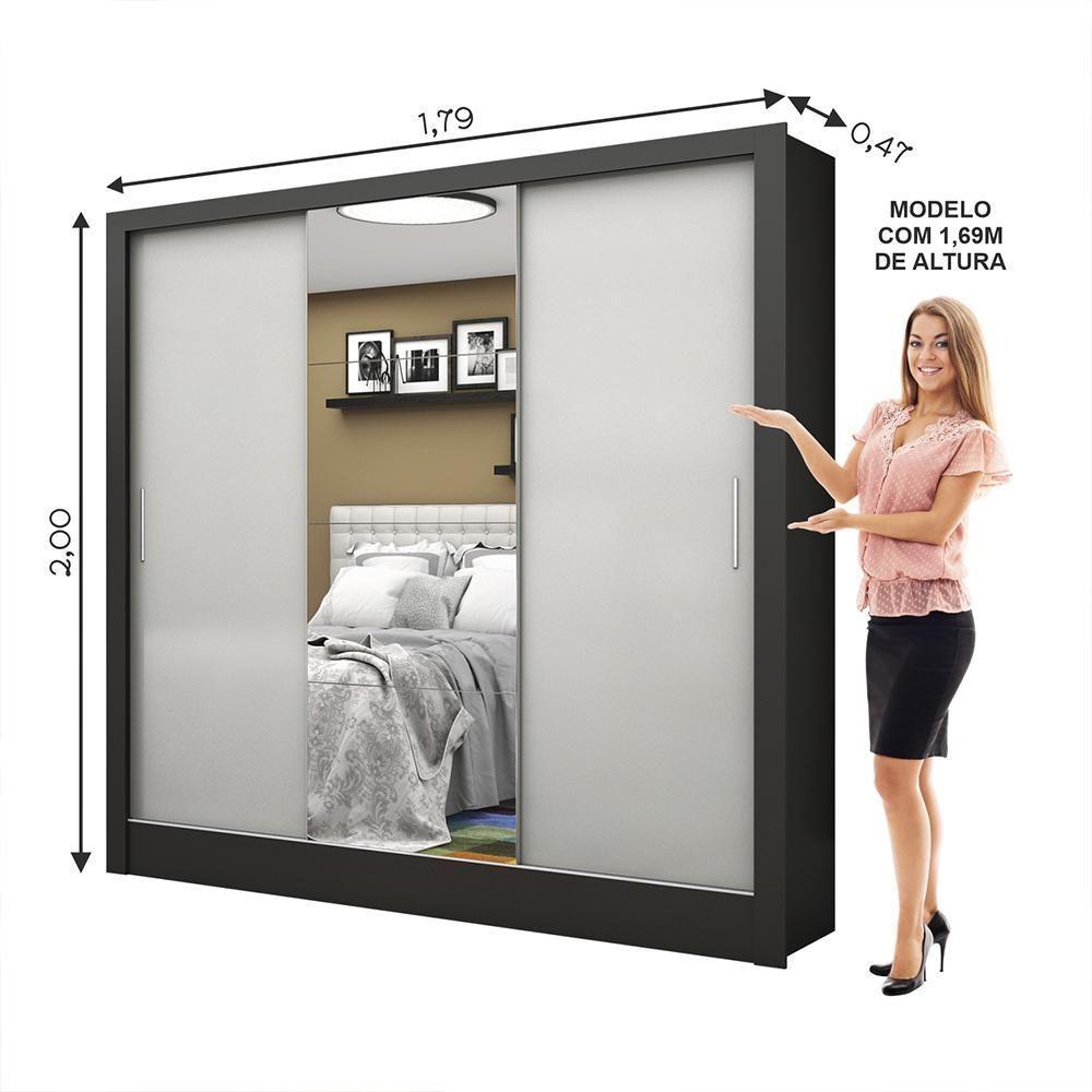 Guarda Roupa Roupeiro Santiago Plus 3 Portas De Correr Com Espelho Central 3 Gavetas Carioca Preto Off White - 3