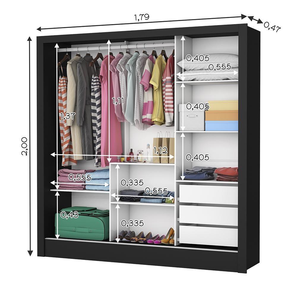 Guarda Roupa Roupeiro Santiago Plus 3 Portas De Correr Com Espelho Central 3 Gavetas Carioca Preto Off White - 4