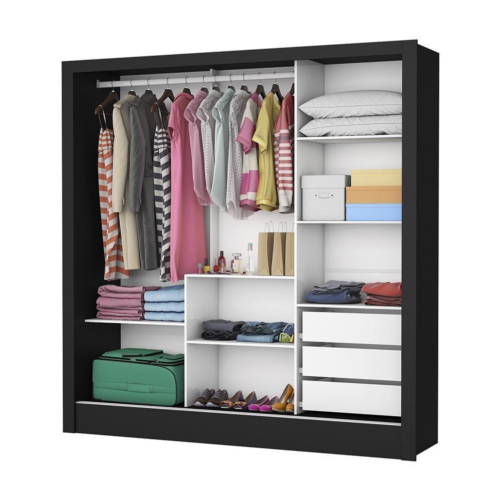 Guarda Roupa Roupeiro Santiago Plus 3 Portas De Correr Com Espelho Central 3 Gavetas Carioca Preto Off White - 7