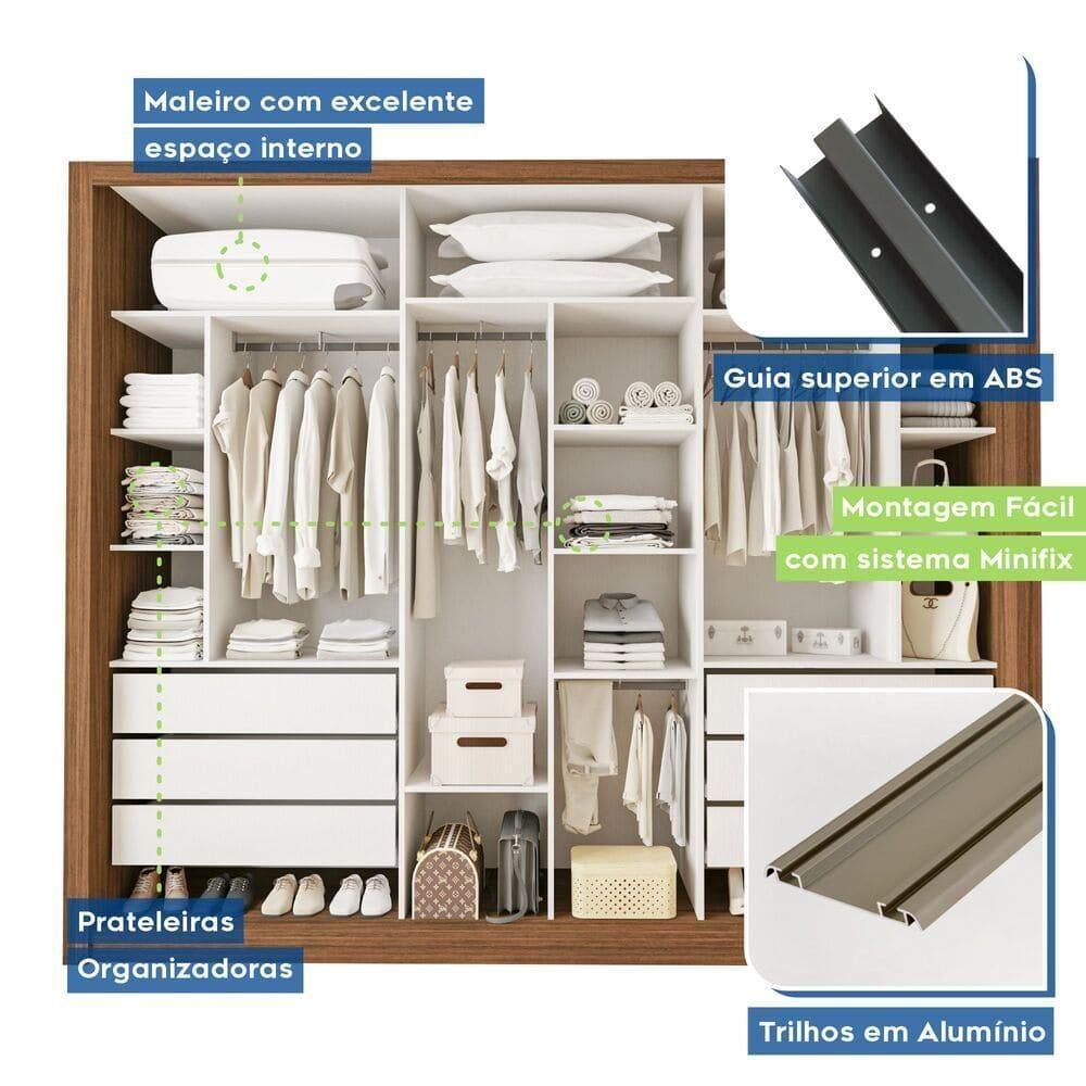 Guarda Roupa 3 Portas De Correr Com Espelho Central 6 Gavetas Nápoli Minastex Freijó - 8