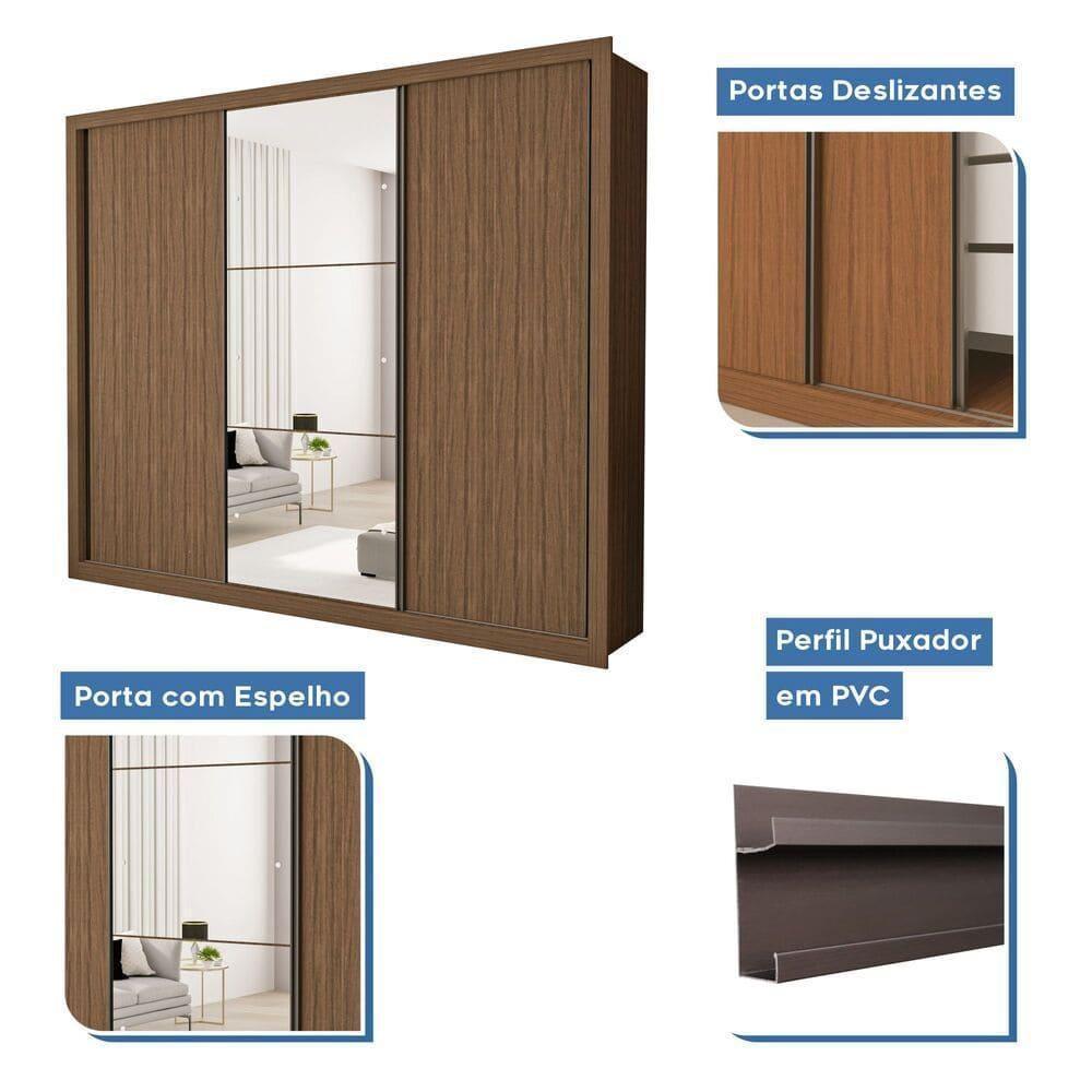 Guarda Roupa 3 Portas De Correr Com Espelho Central 6 Gavetas Nápoli Minastex Freijó - 9