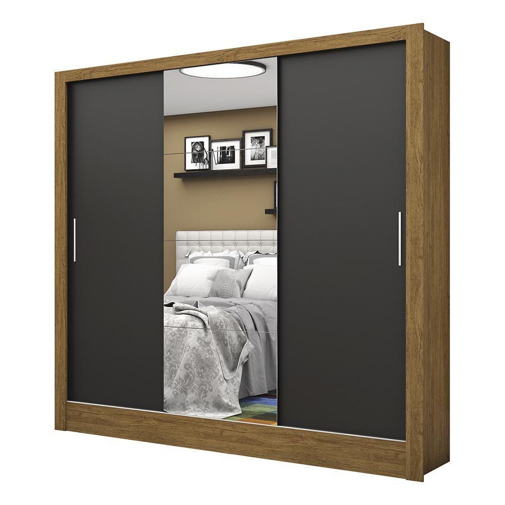 Guarda Roupa Roupeiro Santiago Plus 3 Portas De Correr Com Espelho Central 3 Gavetas Carioca Cinamomo Preto - 1