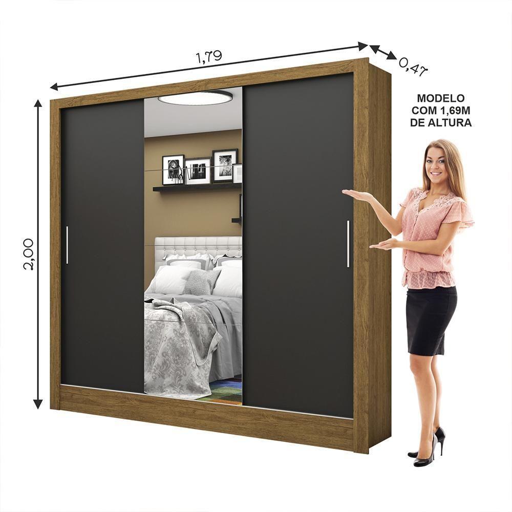 Guarda Roupa Roupeiro Santiago Plus 3 Portas De Correr Com Espelho Central 3 Gavetas Carioca Cinamomo Preto - 3