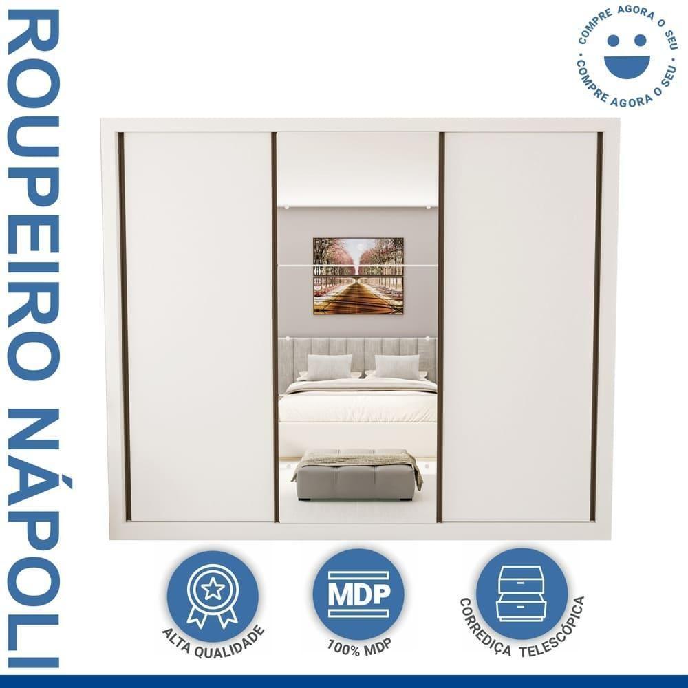 Guarda Roupa 3 Portas De Correr Com Espelho Central 6 Gavetas Nápoli Minastex Branco - 5