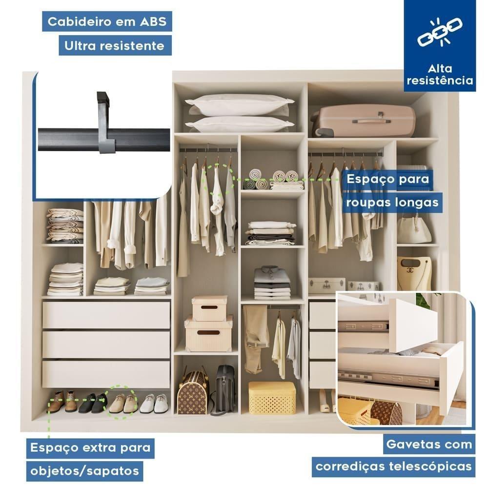 Guarda Roupa 3 Portas De Correr Com Espelho Central 6 Gavetas Nápoli Minastex Branco - 8