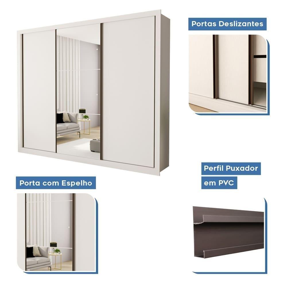 Guarda Roupa 3 Portas De Correr Com Espelho Central 6 Gavetas Nápoli Minastex Branco - 9