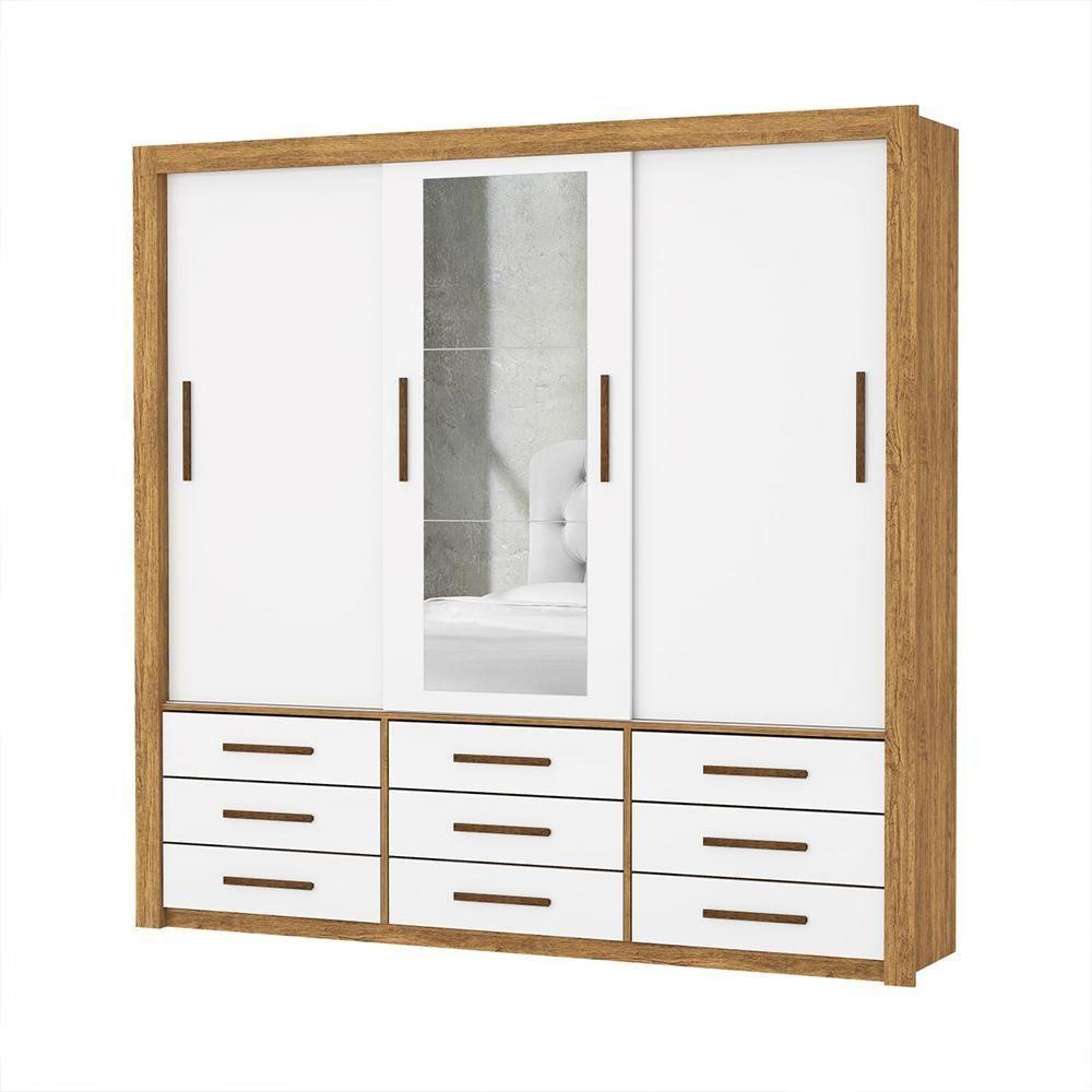Guarda Roupa Roupeiro Anjos 3 Portas De Correr Com Espelho Central 9 Gavetas Carioca Cinamomo Branco - 1
