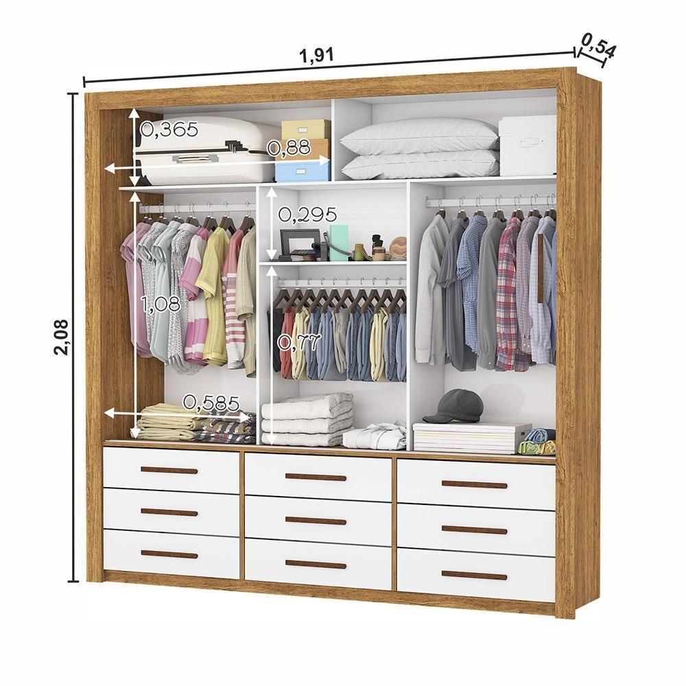 Guarda Roupa Roupeiro Anjos 3 Portas De Correr Com Espelho Central 9 Gavetas Carioca Cinamomo Branco - 4