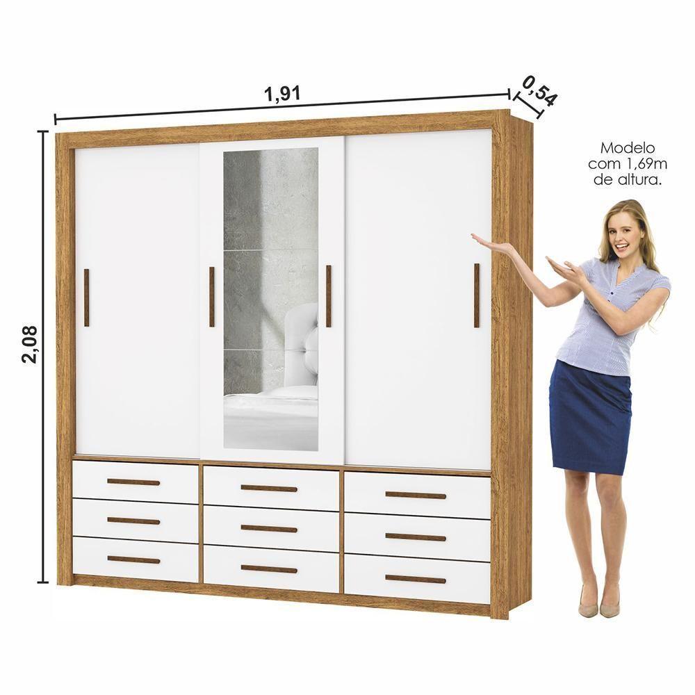 Guarda Roupa Roupeiro Anjos 3 Portas De Correr Com Espelho Central 9 Gavetas Carioca Cinamomo Branco - 7