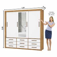 Guarda Roupa Roupeiro Anjos 3 Portas De Correr Com Espelho Central 9 Gavetas Carioca Cinamomo Branco - 7