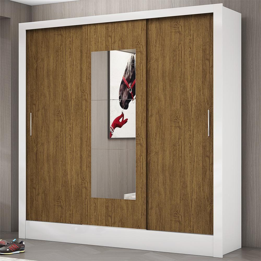 Guarda Roupa Roupeiro Dubai 3 Portas De Correr Com Espelho Central 3 Gavetas Carioca Branco Cinamomo - 2
