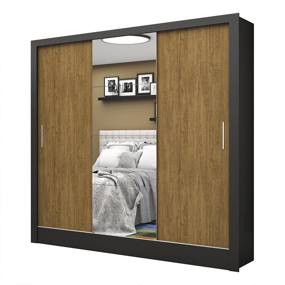 Guarda Roupa Roupeiro Santiago Plus 3 Portas De Correr Com Espelho Central 3 Gavetas Carioca Preto Cinamomo - 1