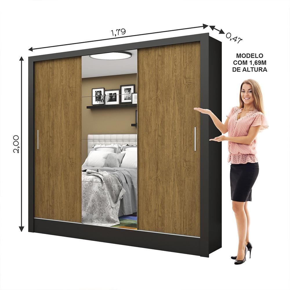 Guarda Roupa Roupeiro Santiago Plus 3 Portas De Correr Com Espelho Central 3 Gavetas Carioca Preto Cinamomo - 3