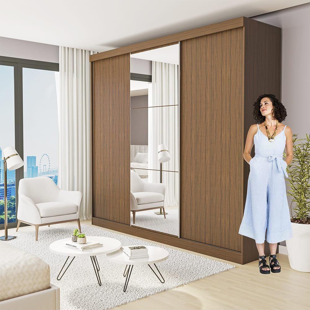 Guarda Roupa 3 Portas De Correr Com Espelho Central 4 Gavetas Barcelona Minastex Freijó - 2