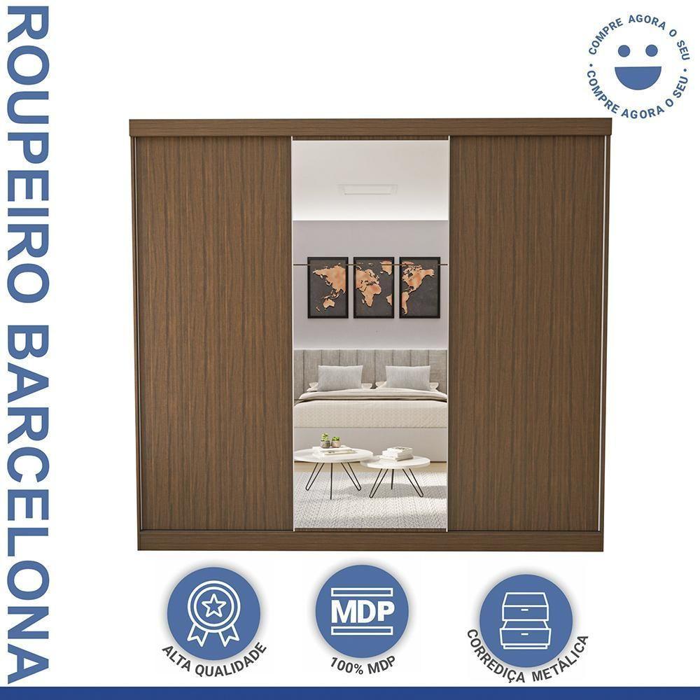 Guarda Roupa 3 Portas De Correr Com Espelho Central 4 Gavetas Barcelona Minastex Freijó - 7