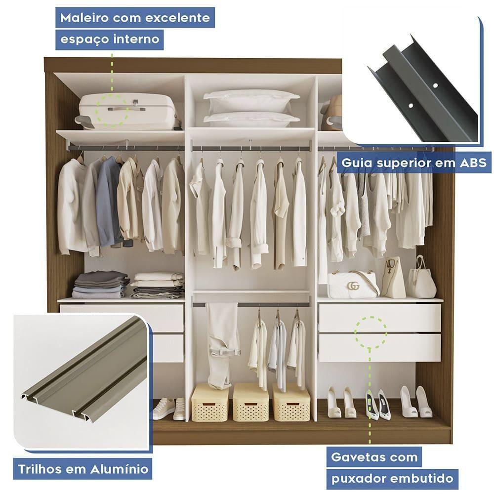 Guarda Roupa 3 Portas De Correr Com Espelho Central 4 Gavetas Barcelona Minastex Freijó - 9