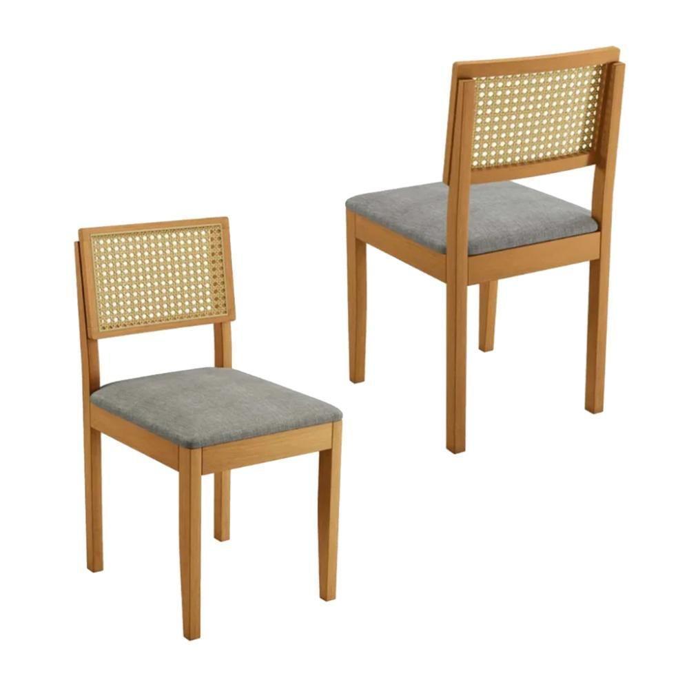 Conjunto 2 Cadeiras De Jantar Jade 03 Em Madeira Maciça Jcm E Encosto Rattan E Linho Cinza - 1