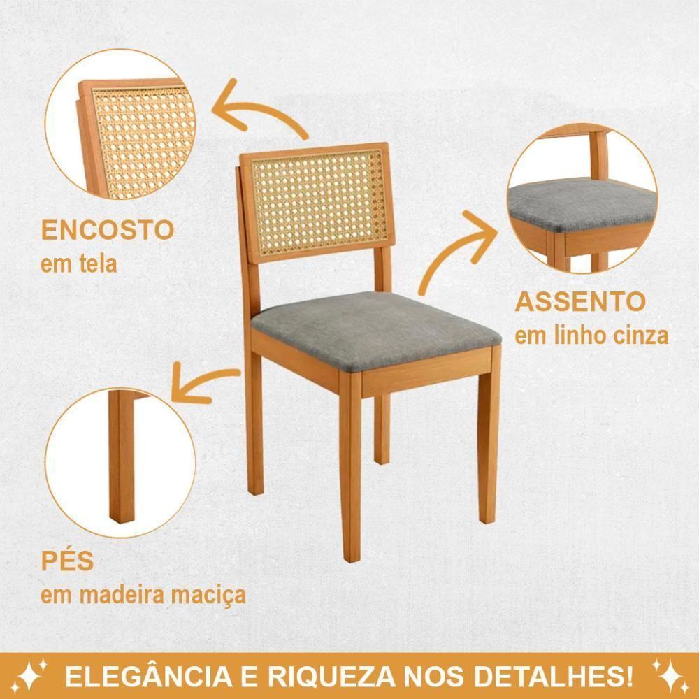Conjunto 2 Cadeiras De Jantar Jade 03 Em Madeira Maciça Jcm E Encosto Rattan E Linho Cinza - 5