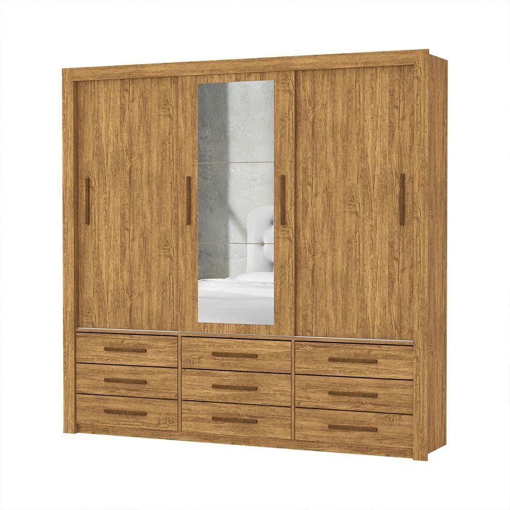 Guarda Roupa Roupeiro Anjos 3 Portas De Correr Com Espelho Central 9 Gavetas Carioca Cinamomo - 1