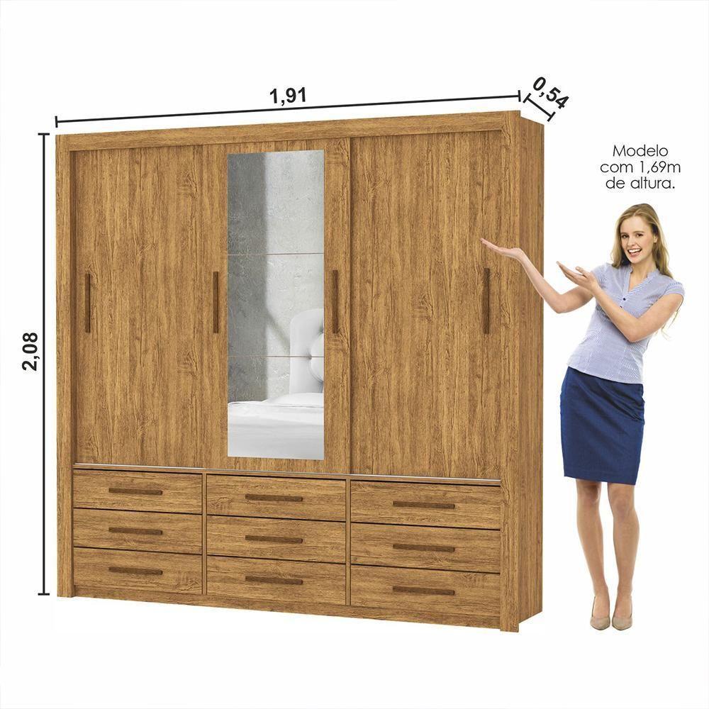 Guarda Roupa Roupeiro Anjos 3 Portas De Correr Com Espelho Central 9 Gavetas Carioca Cinamomo - 7