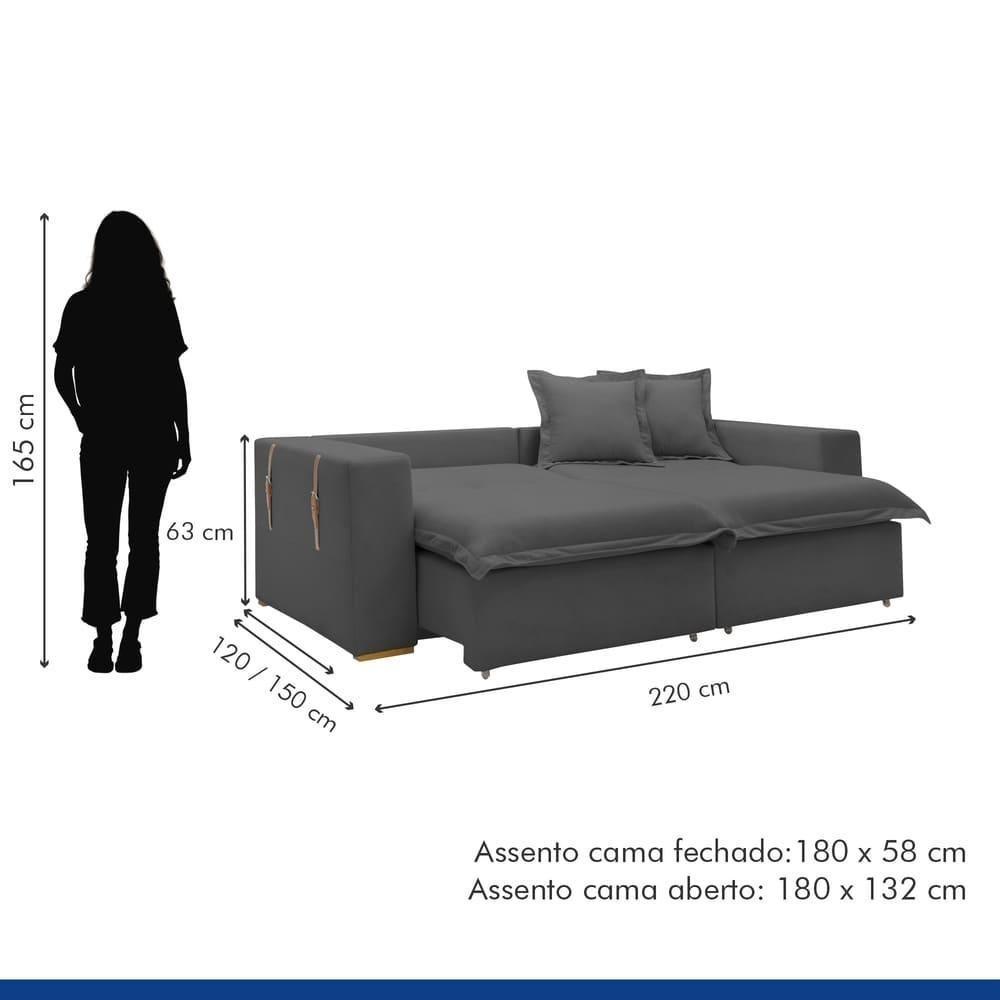 Sofá Cama Retrátil E Reclinável Arizona Veludo Cinza 2,20m - 3