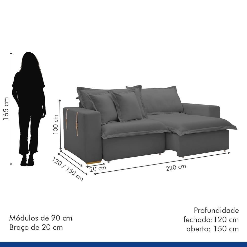 Sofá Cama Retrátil E Reclinável Arizona Veludo Cinza 2,20m - 4