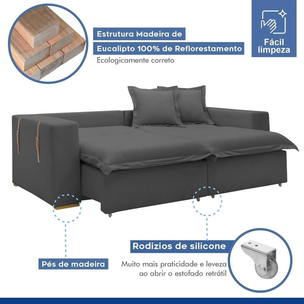 Sofá Cama Retrátil E Reclinável Arizona Veludo Cinza 2,20m - 9