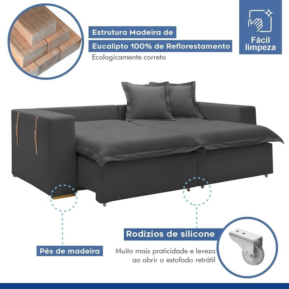 Sofá Cama Retrátil E Reclinável Arizona Boucle Cinza 2,20m - 9