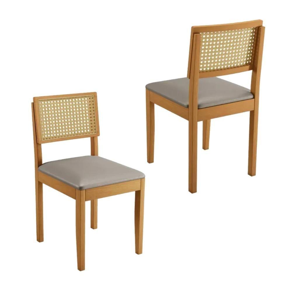 Conjunto 2 Cadeiras De Jantar Jade 03 Em Madeira Maciça Jcm E Encosto Rattan E Veludo Bege - 1