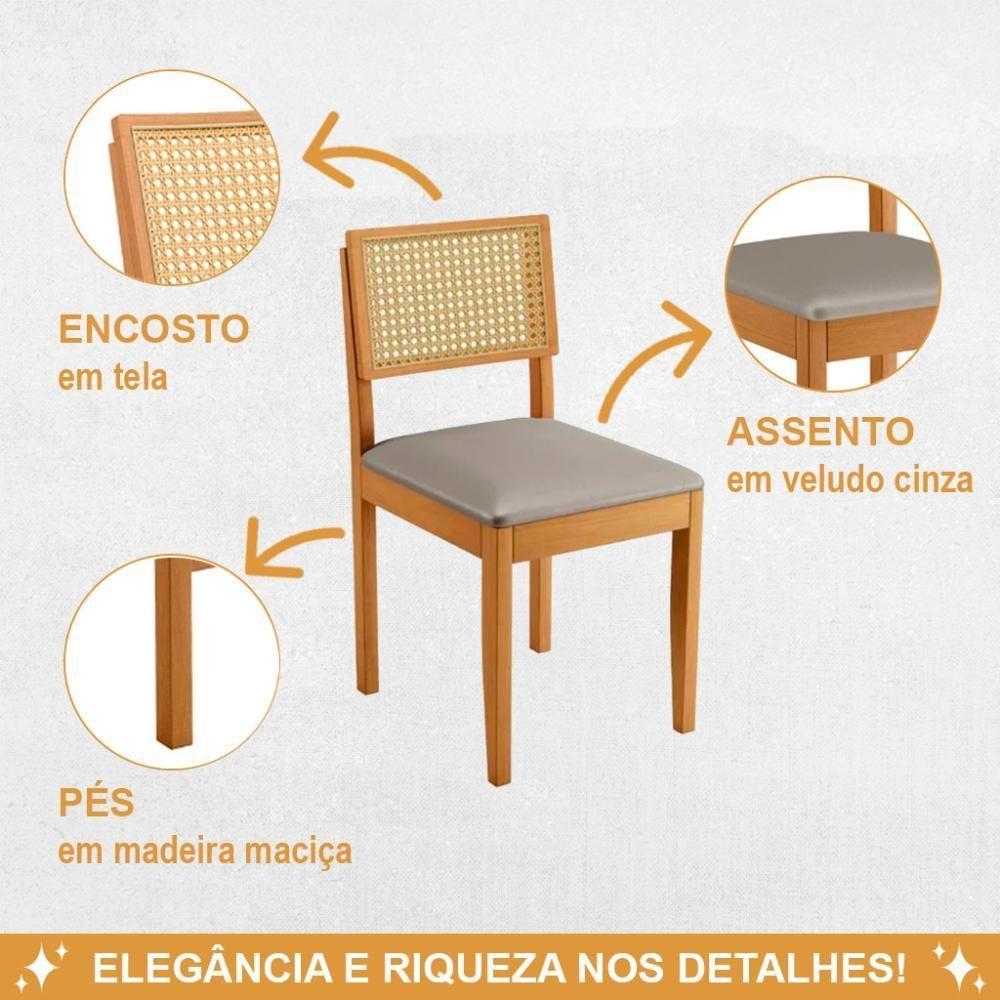 Conjunto 2 Cadeiras De Jantar Jade 03 Em Madeira Maciça Jcm E Encosto Rattan E Veludo Bege - 3