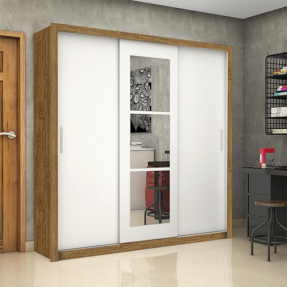Guarda Roupa Roupeiro Clarice 3 Portas De Correr Com Espelho Central 4 Gavetas Carioca Cinamomo Branco - 2