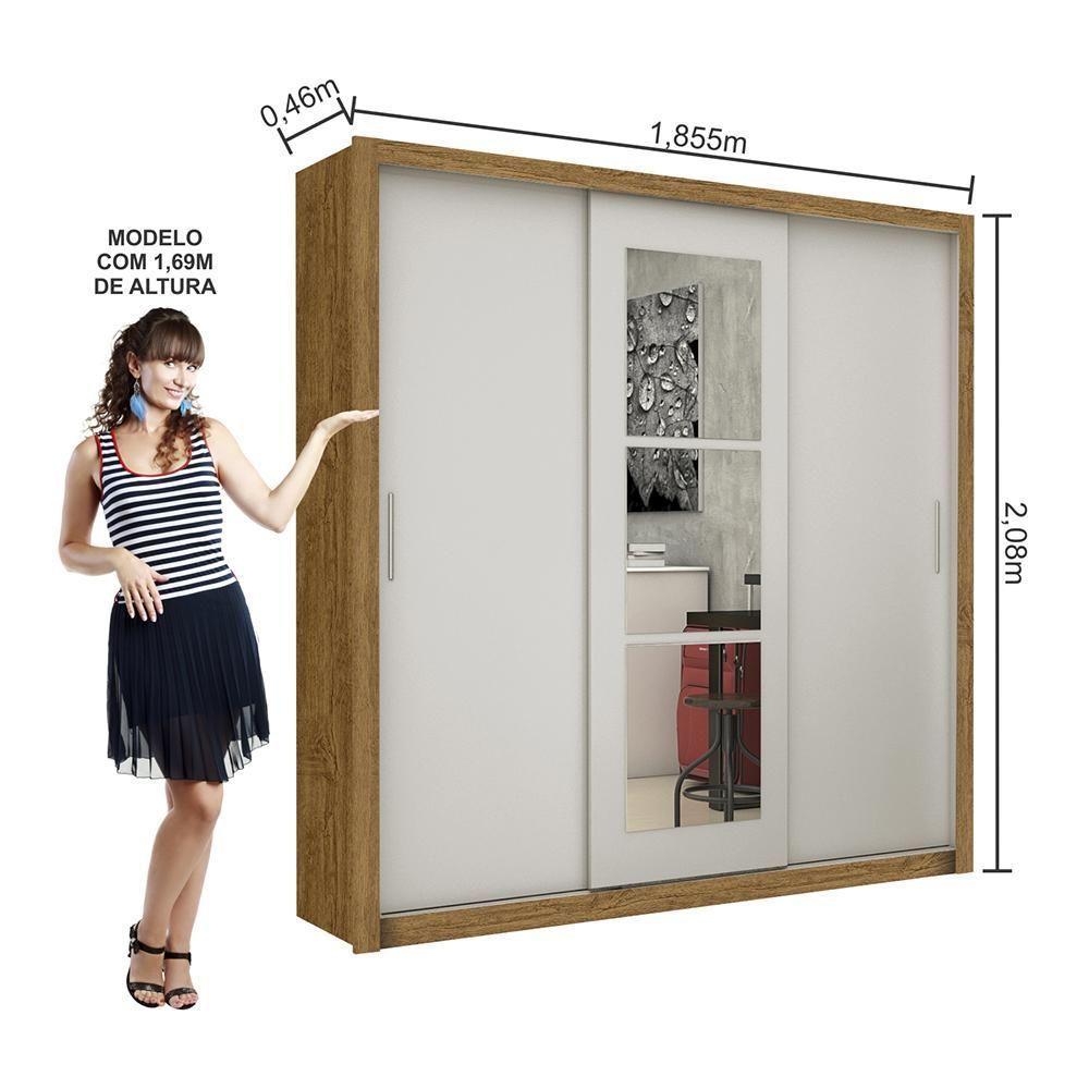 Guarda Roupa Roupeiro Clarice 3 Portas De Correr Com Espelho Central 4 Gavetas Carioca Cinamomo Off White - 3