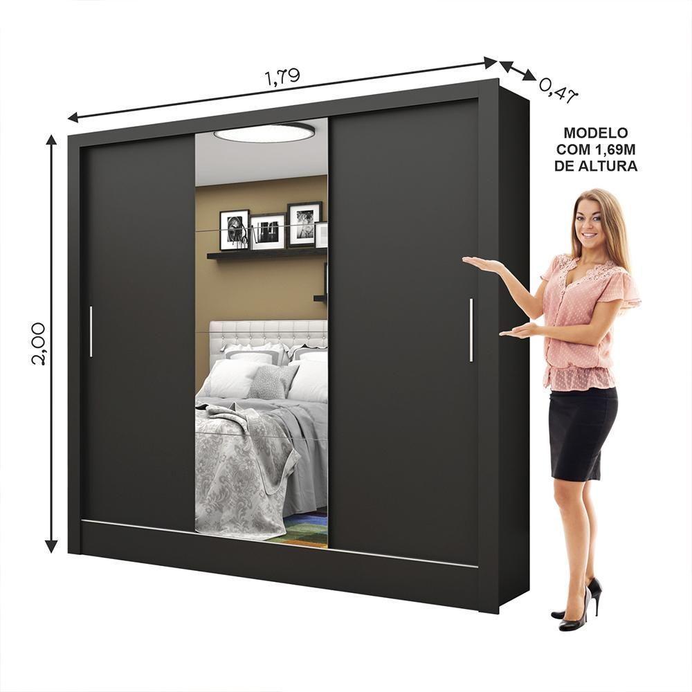Guarda Roupa Roupeiro Santiago Plus 3 Portas De Correr Com Espelho Central 3 Gavetas Carioca Preto - 3