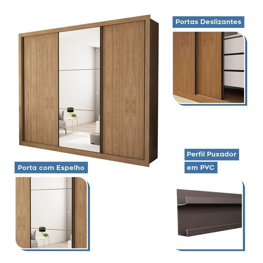 Guarda Roupa 3 Portas De Correr Com Espelho Central 6 Gavetas Nápoli Minastex Carvalho - 4